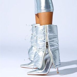 AZALEA WANG Silver Vegan Leather Puffer High Heel Boots